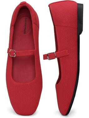 Women's Red Stretchy Breathable Knit Upper Solid Anti-Slip Square Toe Flat Shoes
